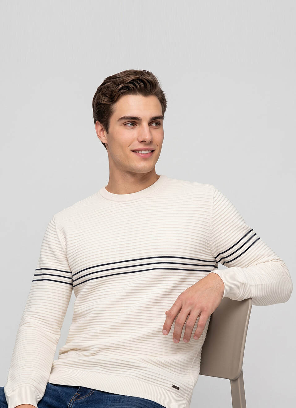 Men White Striped Full Sleeve Flat Knit Sweater, , large image number 0