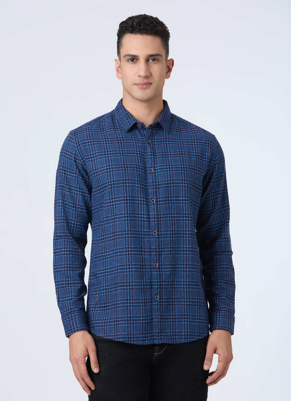 Men Teal Blue Check Full Sleeve Shirt, , large image number 1