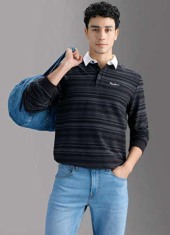 Men Black Striped Rugby Polo T-shirt