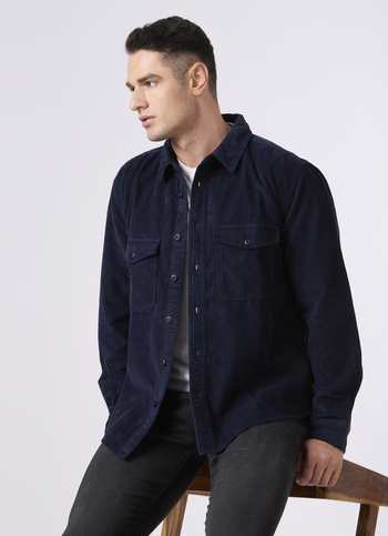 Men Navy Corduroy Oversized Shirt With Flap Pocket