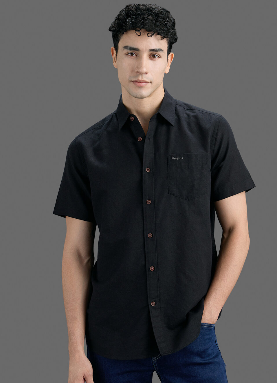 Men Black Solid Cotton Linen Short Sleeve Shirt, , large image number 7