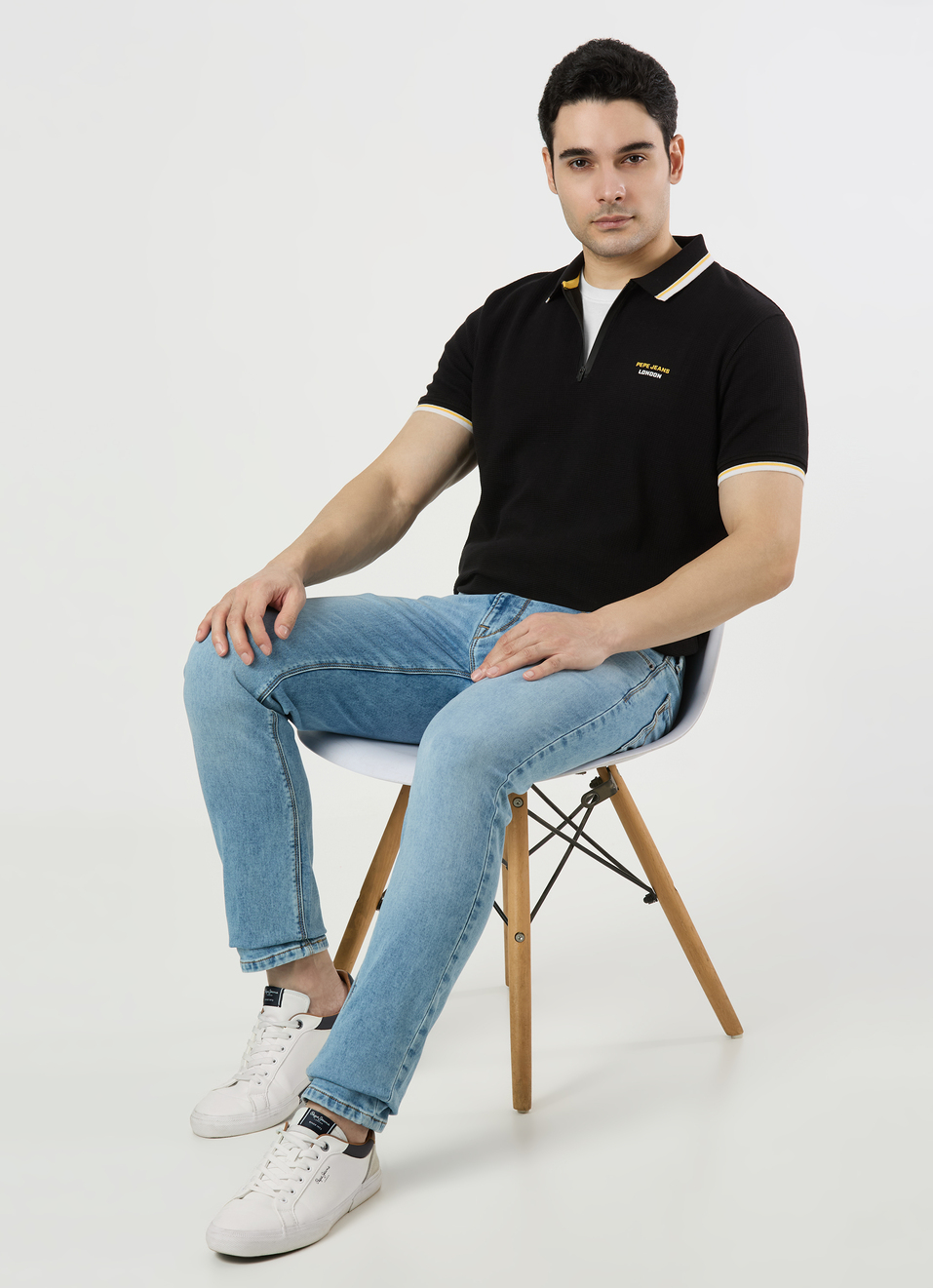 Men Black Zipper Polo Collar T-shirt, , large image number 5