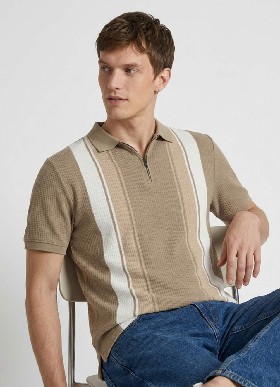Men Khaki Striped Polo Collar T-shirt, , large image number 0