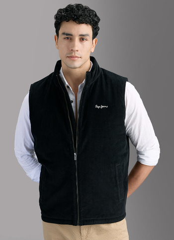 Men Beige Corduroy Sleeveless Gilet Jacket