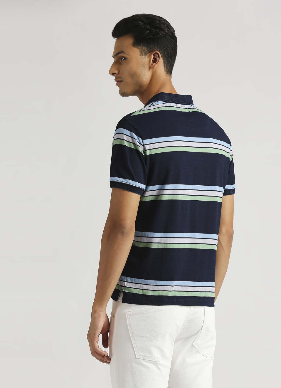 Yarn Dyed Stripes Indigo Short Sleeve Polo, , large image number 2