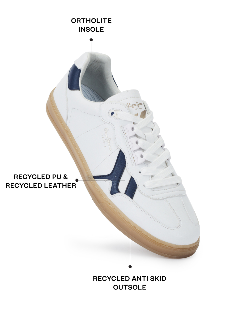 Men White Recycled Pu Leather Sneakers With Ortholite Insole, , large image number 1