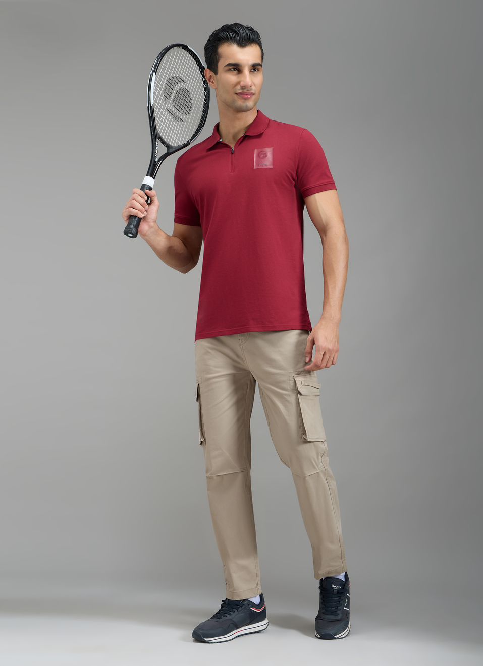 Men Red Solid Half Zip Short Sleeve Polo, , large image number 6