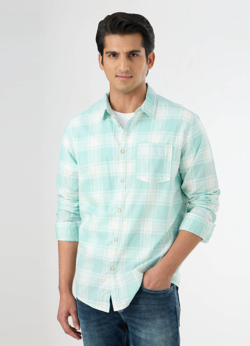 Men Aqua Blue Checked Shirt, , large image number 0