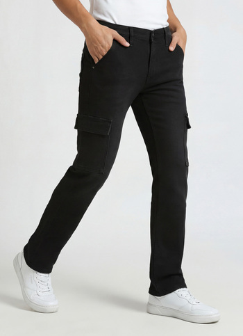 Cargo Straight Mid Rise Black Jeans