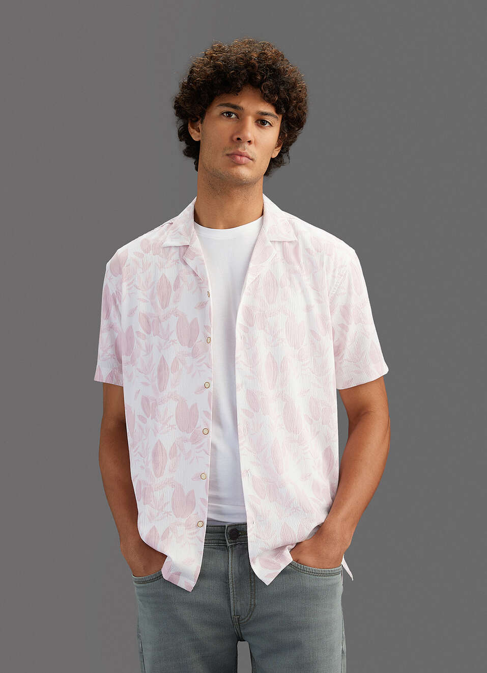 Men Pink Printed Relaxed Fit Resort Collar Shirt, , large image number 0