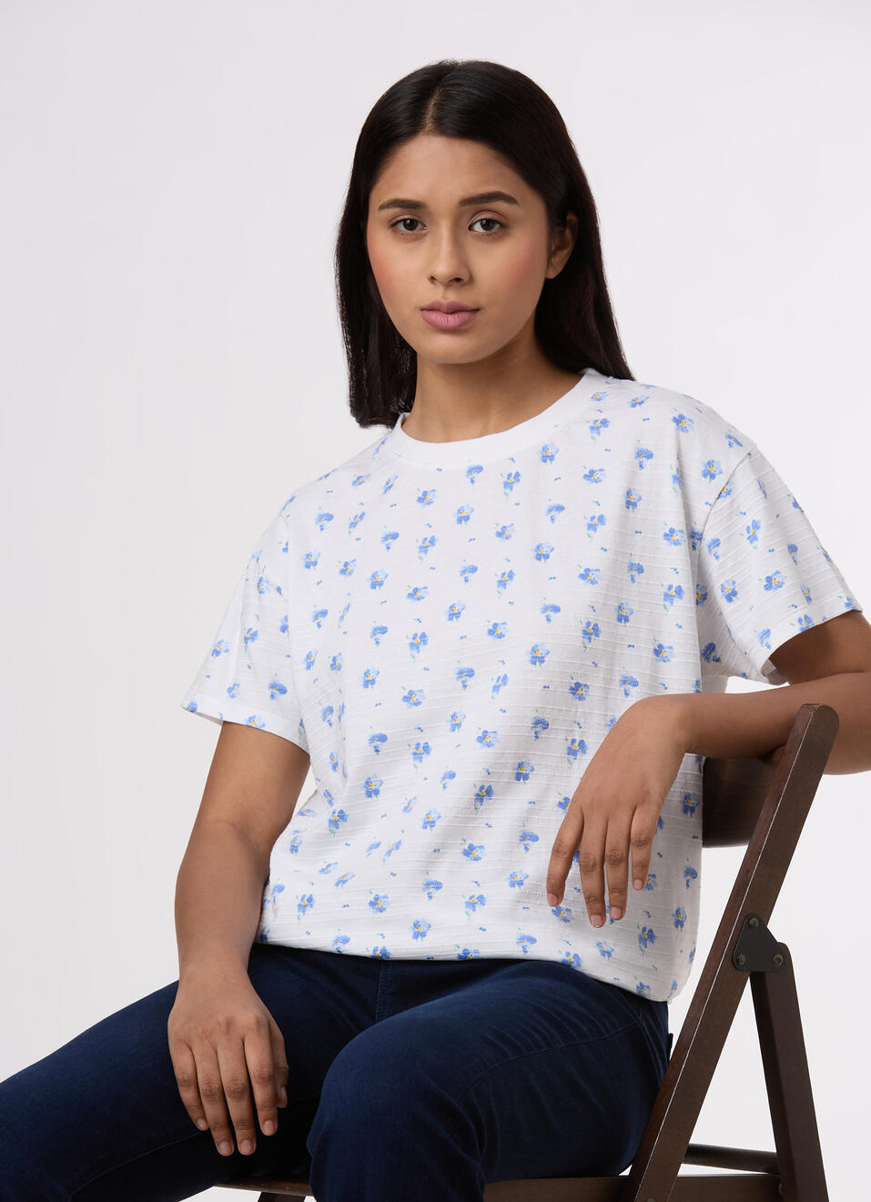 Women Blue Floral Print Comfort Fit T-shirt, , large image number 0