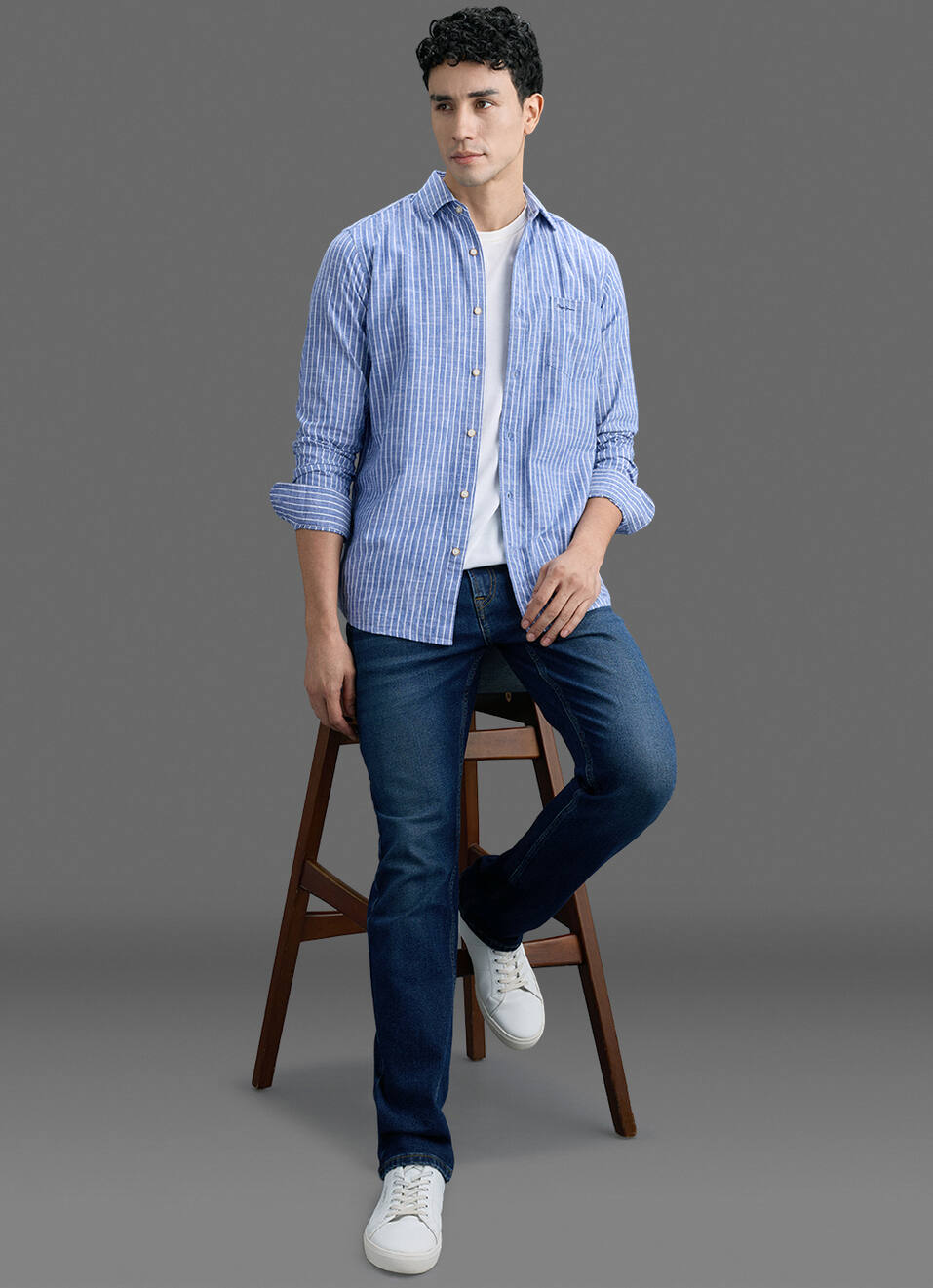 Men Blue Striped Long Sleeve Shirt, , large image number 2
