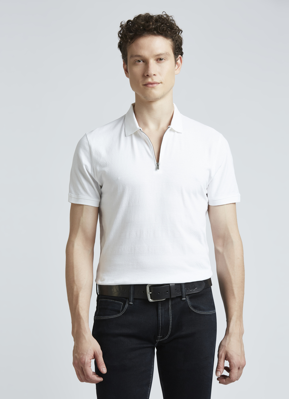 White Stripes Short Sleeve Zipper Polo, , large image number 0