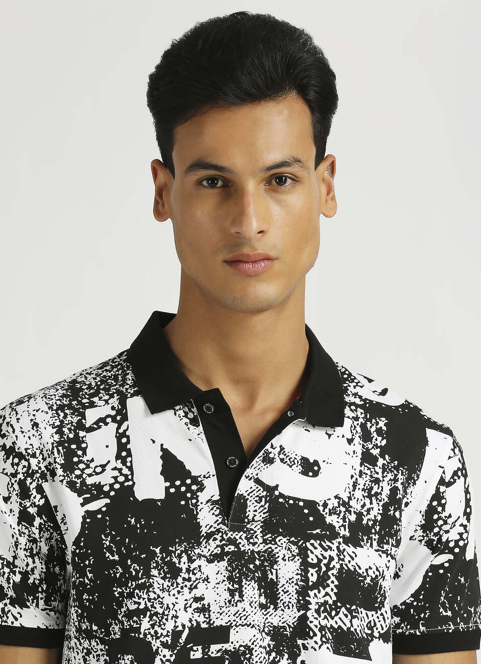 Black Typographic Print Stretch Short Sleeve Polo , , large image number 4