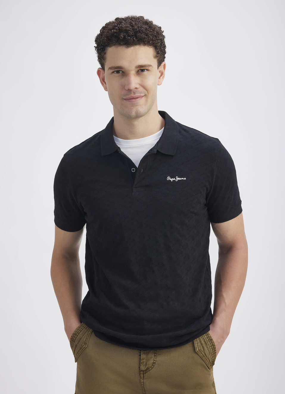 Men Black Ribbed Collar Short Sleeve Polo, , large image number 0