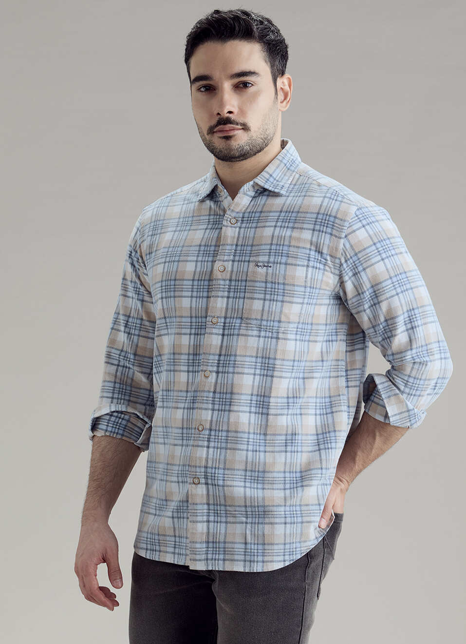 Men Blue Checked Corduroy Long Sleeve Shirt, , large image number 3