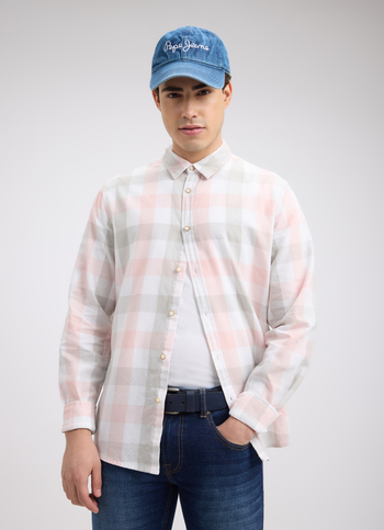 Men Peach Check Full Sleeve Shirt