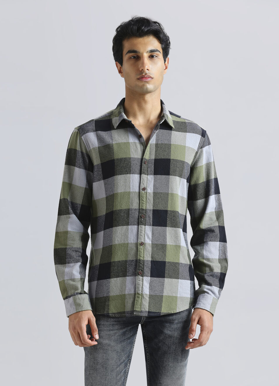 Olive Checked Full Sleeve Shirt, , large image number 1