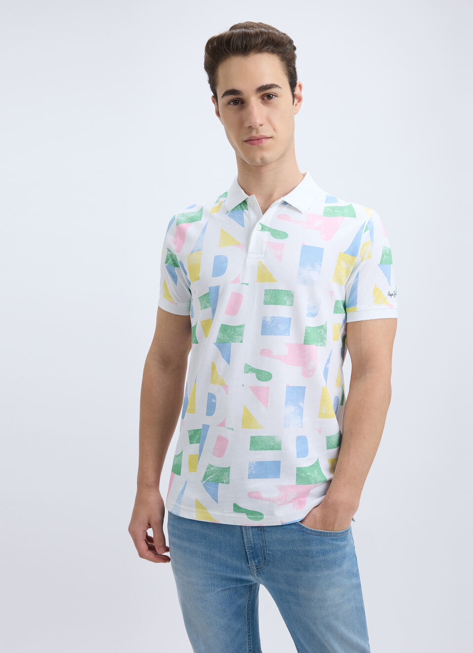 Men White Graphic Print Short Sleeve Polo, , large image number 0