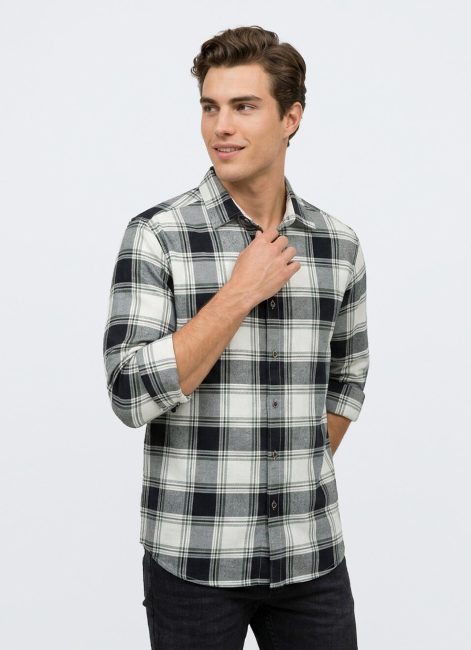 Men Black Checked Dobby Long Sleeve Shirt, , large image number 3