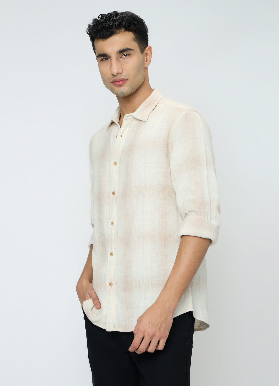 Men Off White Checked Shirt, , large image number 3