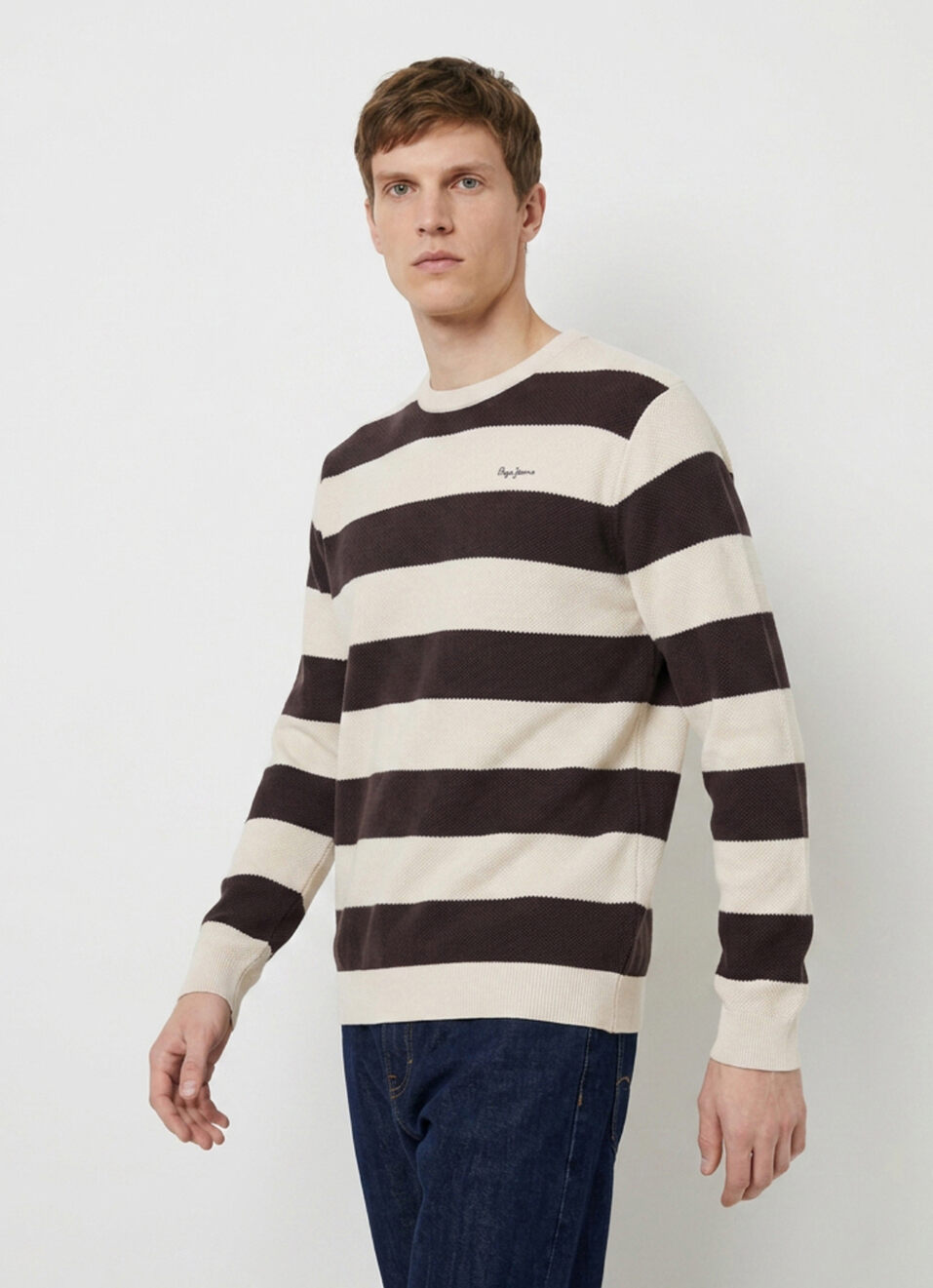 Men Brown Striped Full Sleeve Flat Knit Sweater, , large image number 1