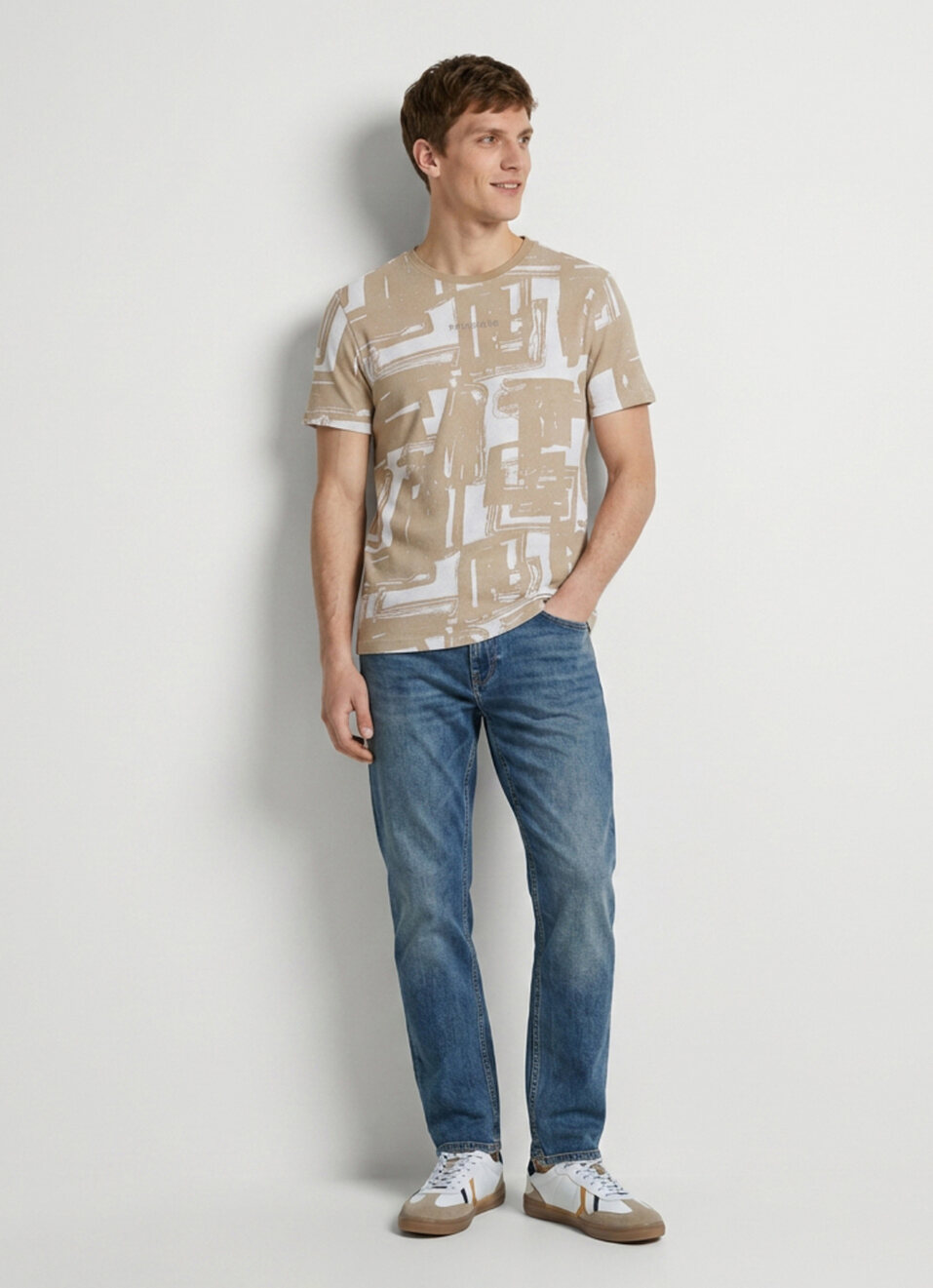 Men Beige Printed Slim Fit Short Sleeve T-shirt, , large image number 5