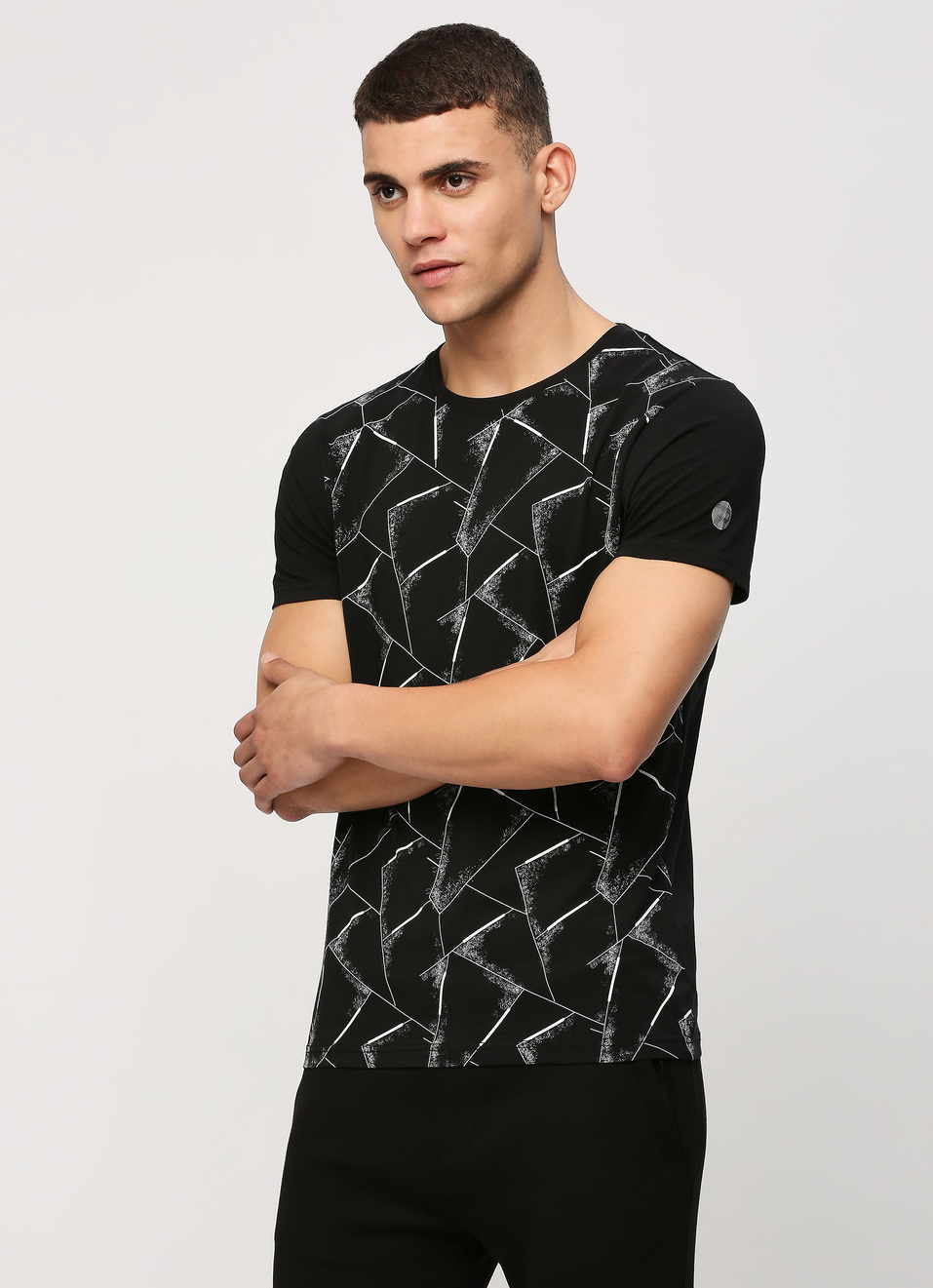 Black Geometric Print Short Sleeve T-shirt, , large image number 0