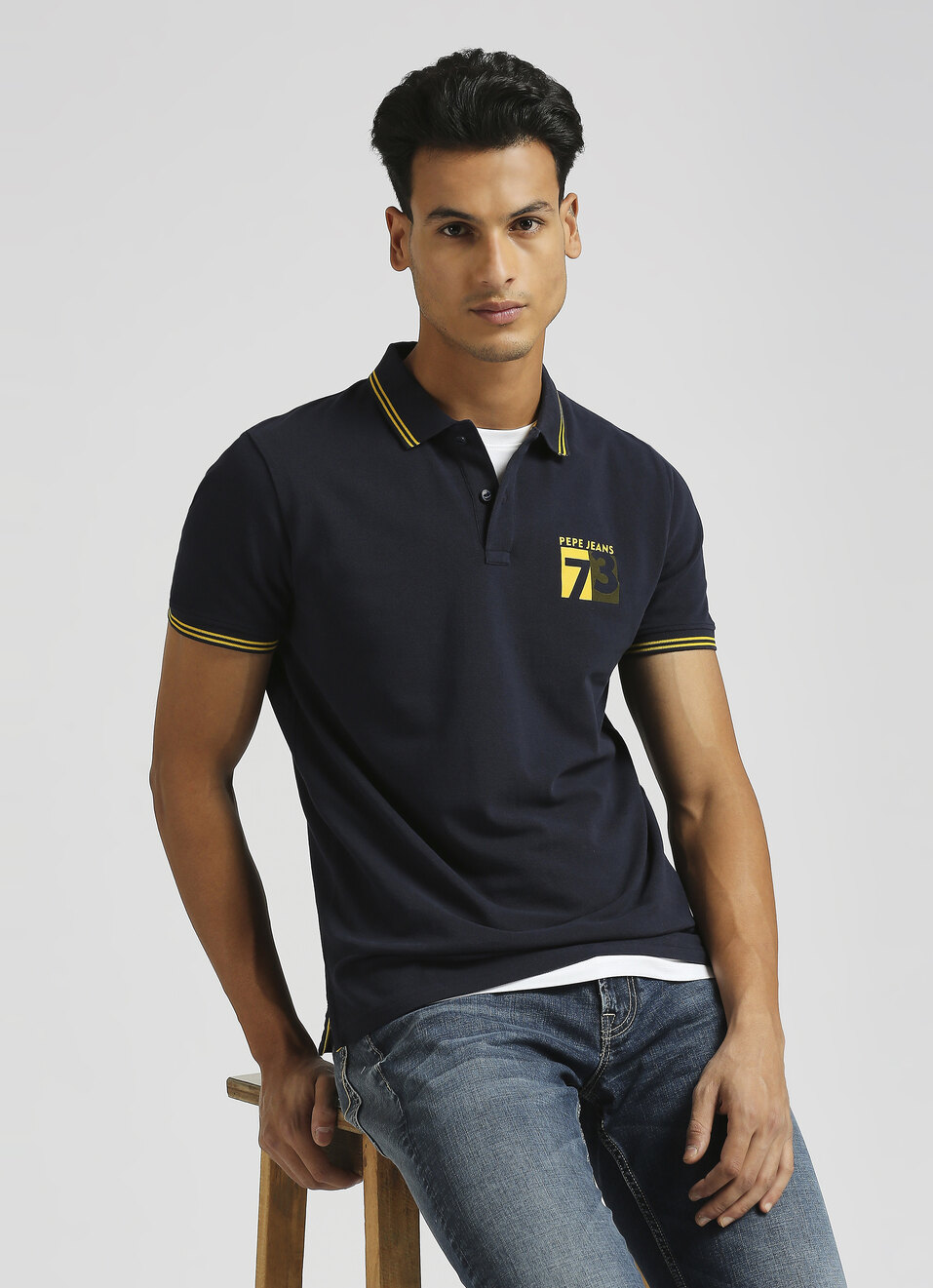 Navy Flock Print Contrast Tipping Detail Polo, , large image number 0