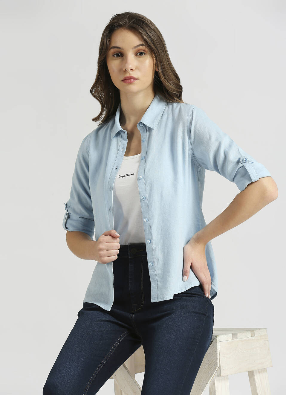 Aqua Front Open Placket Linen Full Sleeve Shirt, , large image number 0