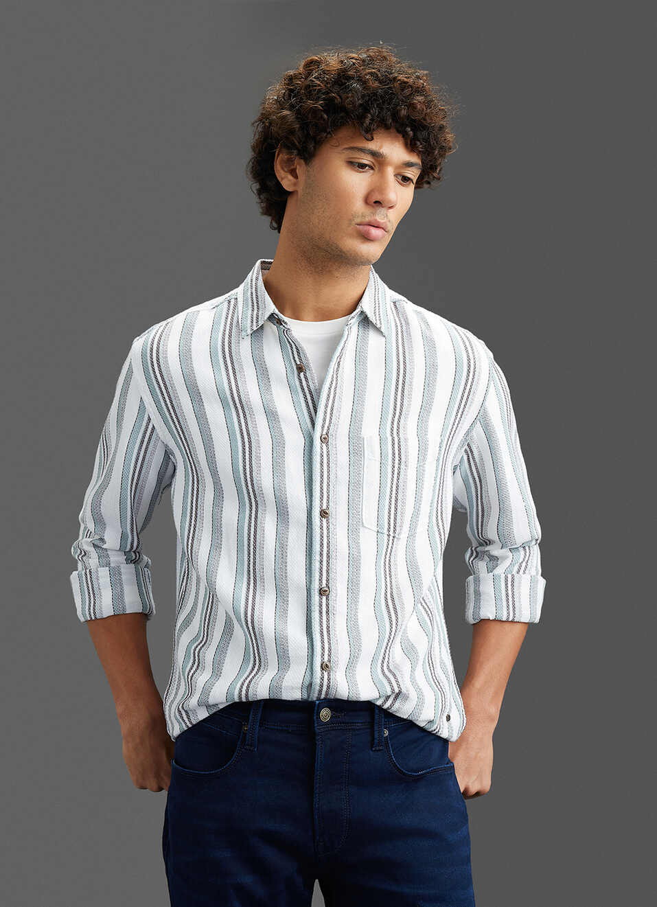 Men Beige Striped Regular Fit Full Sleeve Casual Shirt, , large image number 5