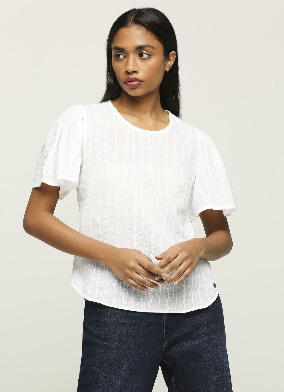 White Round Neck Short Sleeve Top, , large image number 5