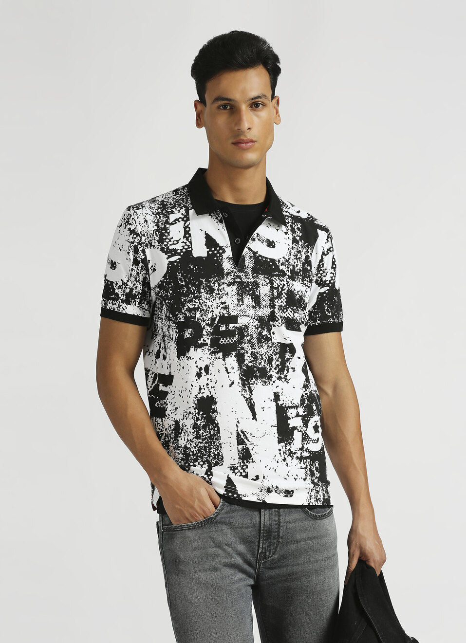 Black Typographic Print Stretch Short Sleeve Polo , , large image number 0