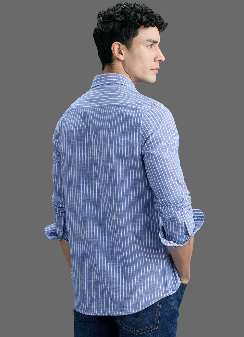 Men Blue Striped Long Sleeve Shirt, , large image number 6