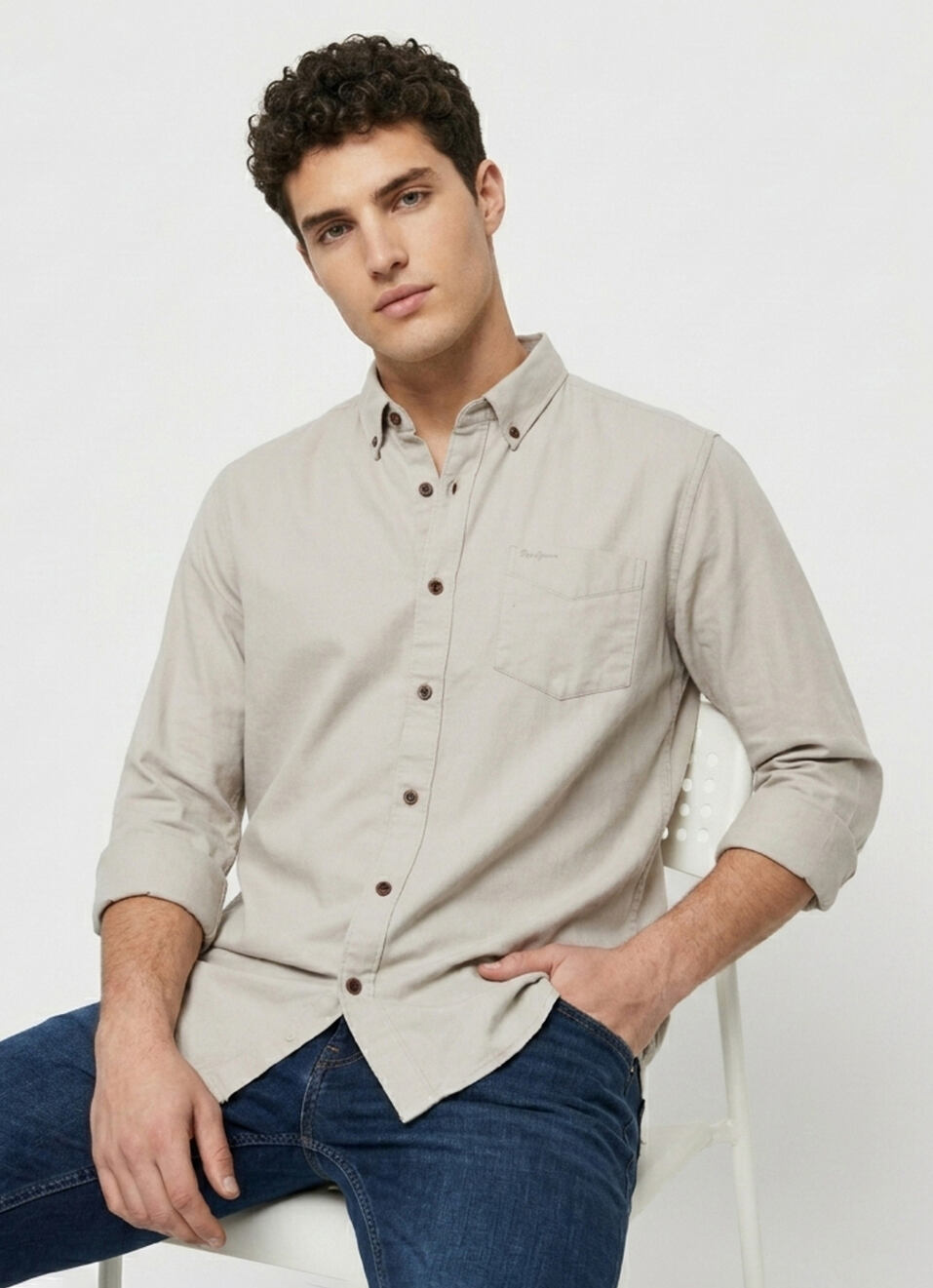 Men Dark Olive Solid Button-down Collar Oxford Shirt, , large image number 0