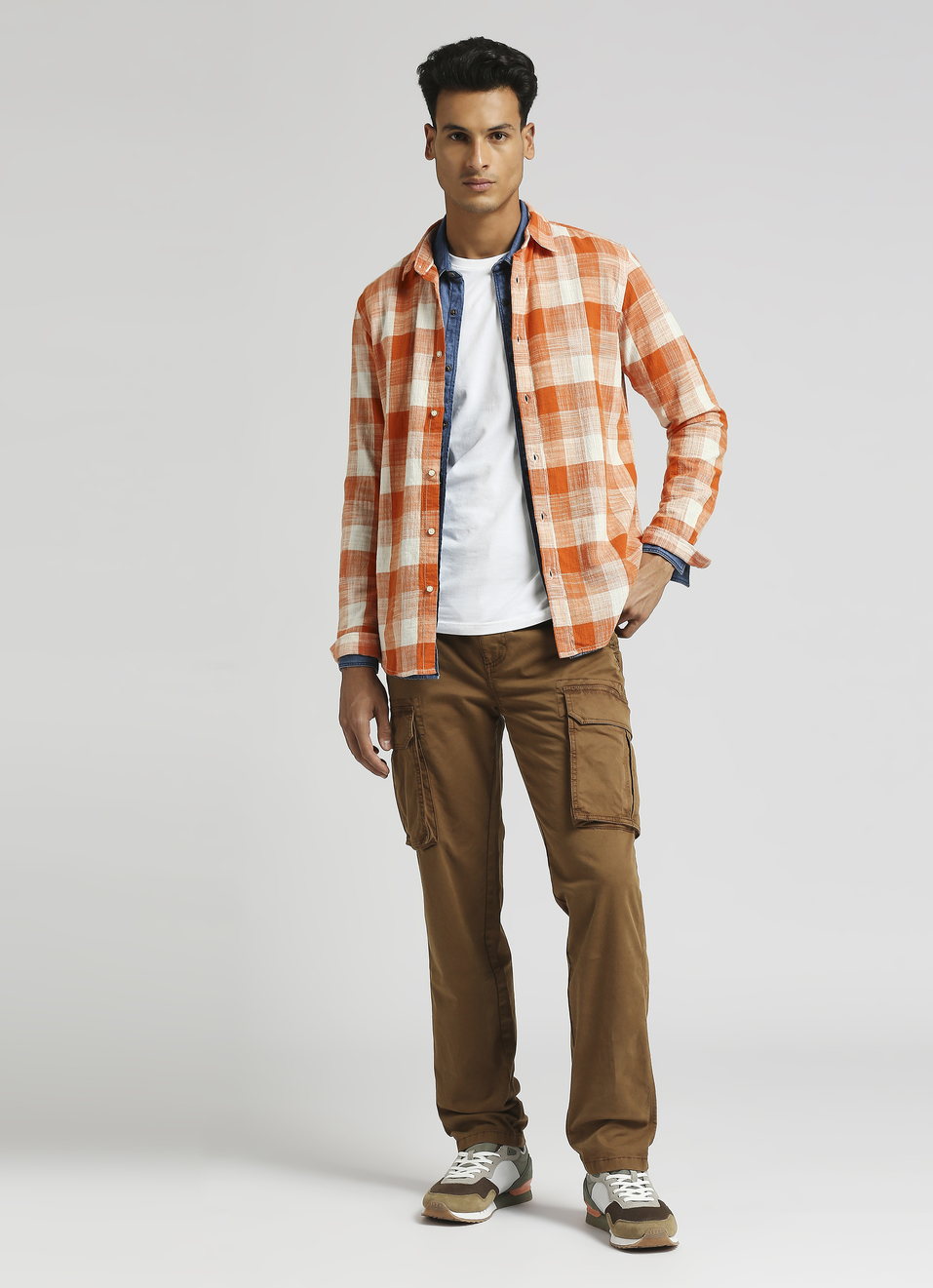 Orange Checks Yarn Dyed Slub Long Sleeve Shirt, , large image number 5
