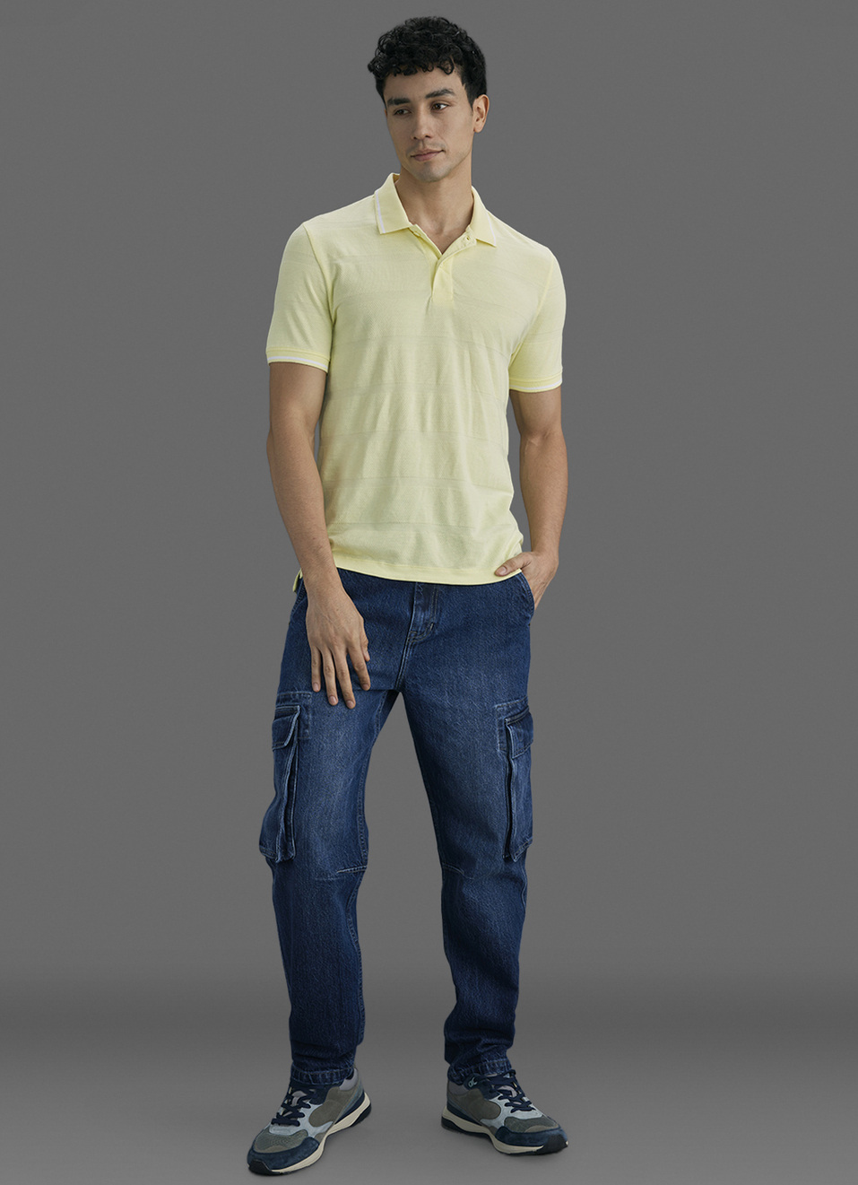 Men Yellow Striped Polo Collar T-shirt, , large image number 2