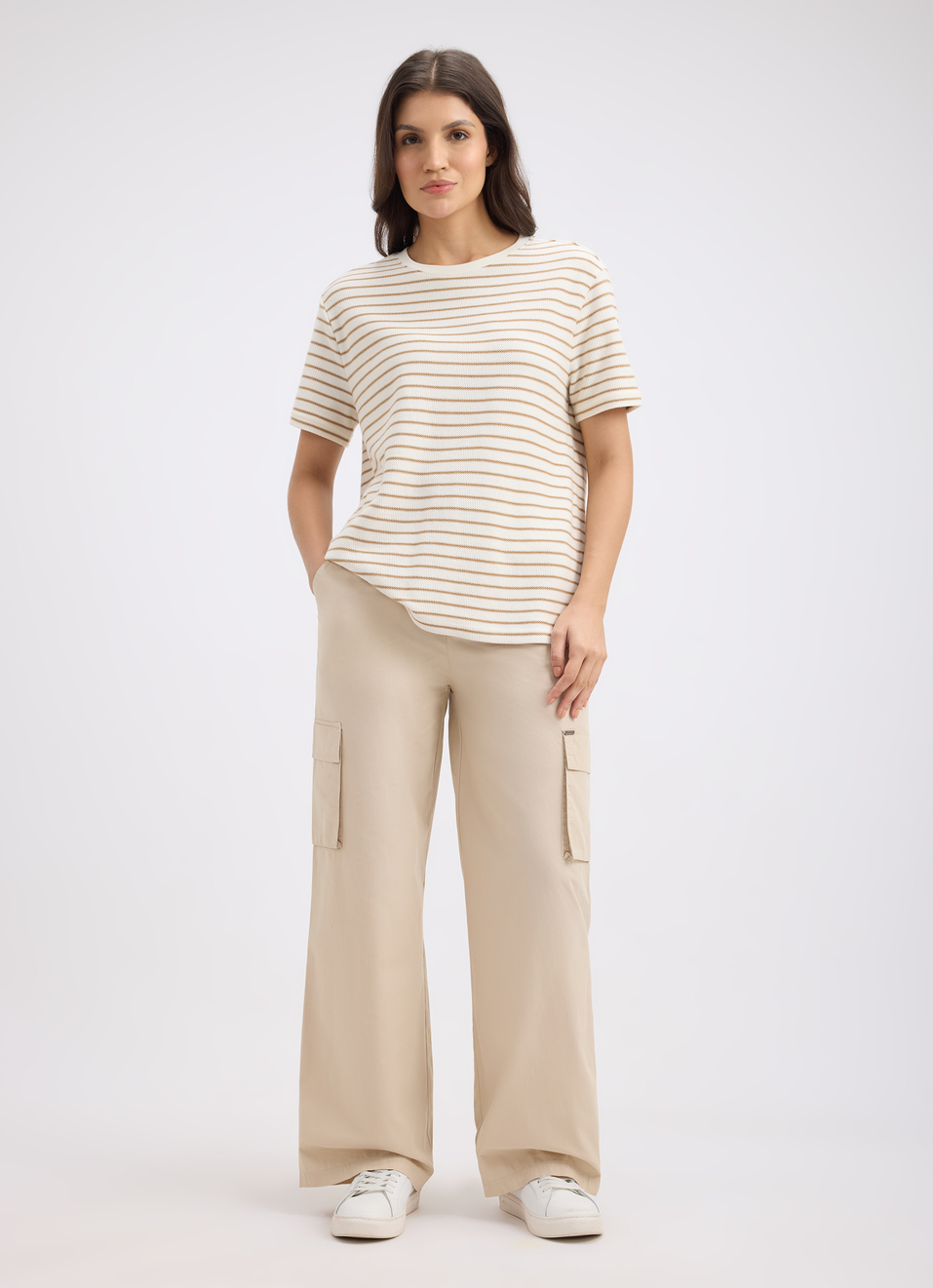 Women Beige Stripe Short Sleeve T-shirt, , large image number 5