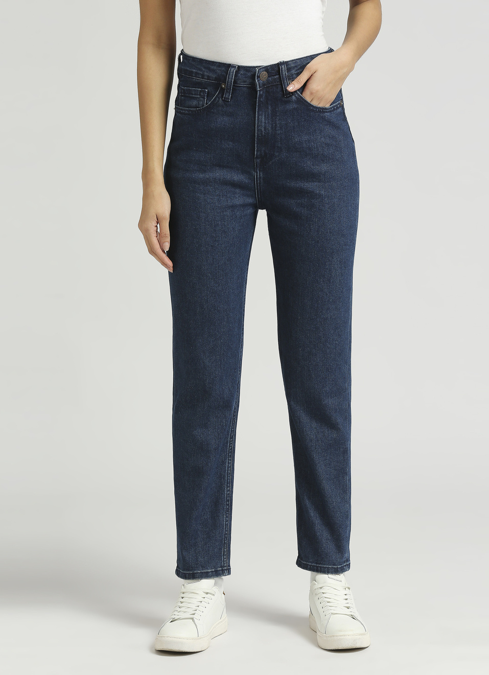 Dark Blue High Waist Mom Fit Jeans, , large image number 1
