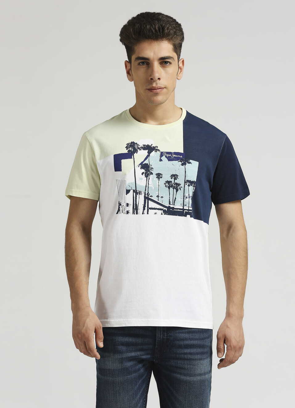 Green Tropical Print Colour Blocked Short Sleeve T-shirt, , large image number 1
