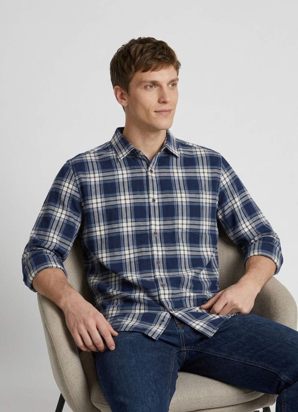 Men Blue Checked Herringbone Long Sleeve Shirt, , large image number 0