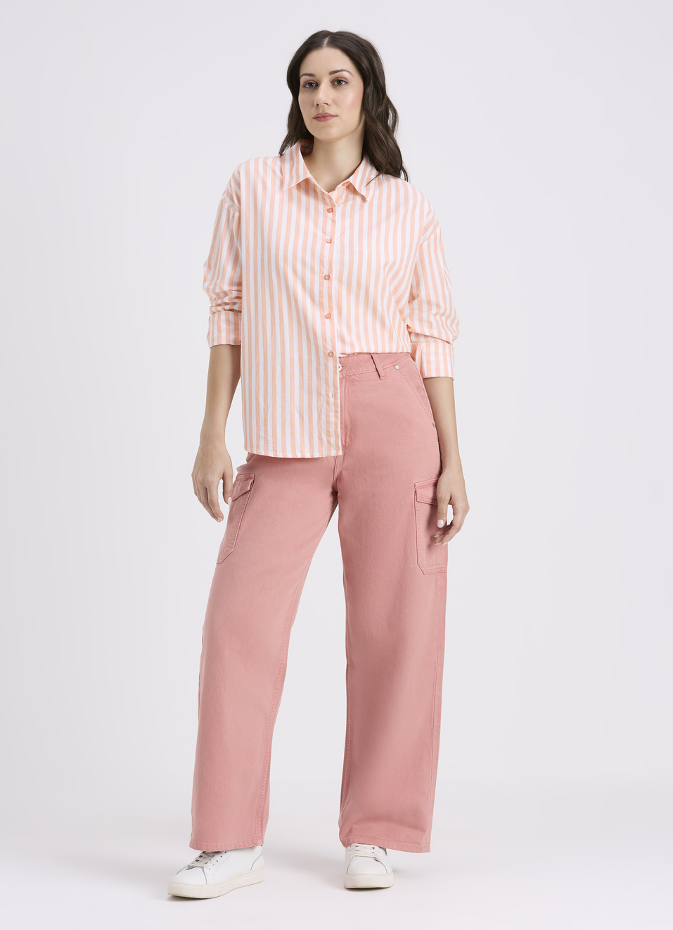 Women Orange Vertical Stripe Full Sleeve Oversized Shirt, , large image number 5