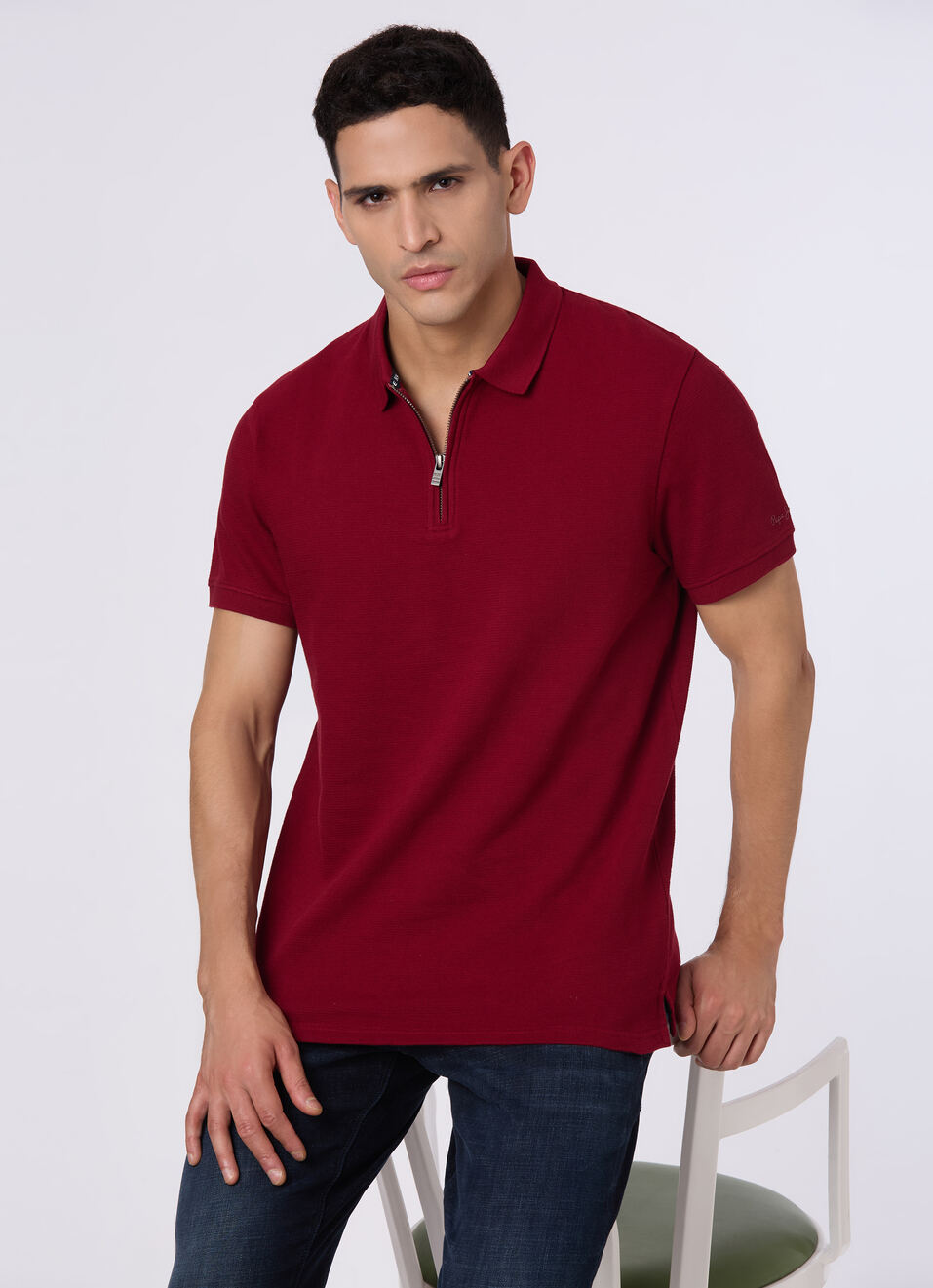 Men Merlot Red With Zip Placket Polo, , large image number 0