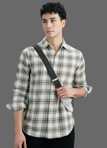 Men Olive Green Checked Brushed Twill Long Sleeve Shirt