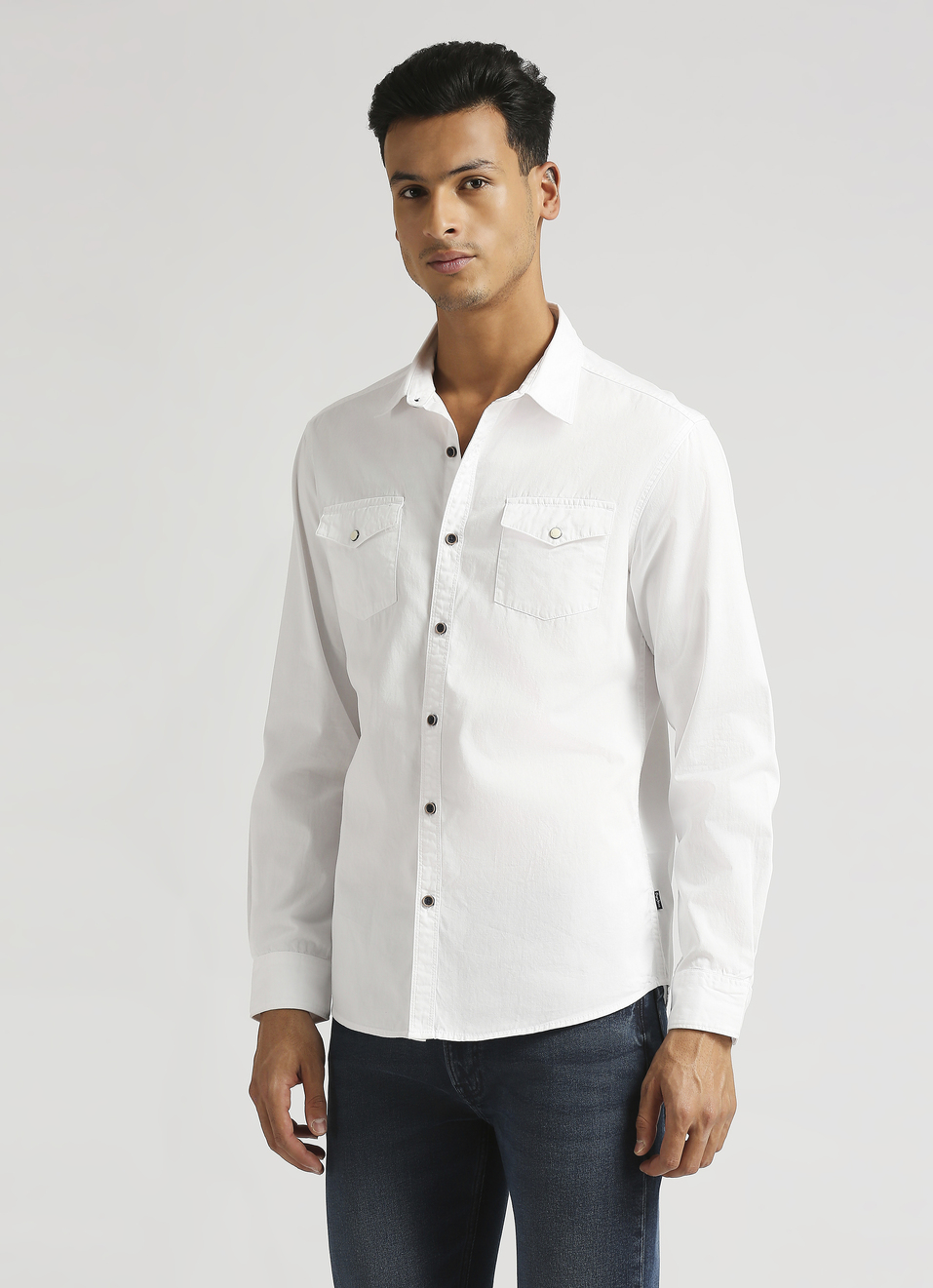 White Solid Double Pocket Long Sleeve Shirt, , large image number 2