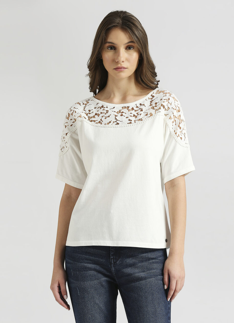 White Lace Detail Extended Shoulder Top, , large image number 1