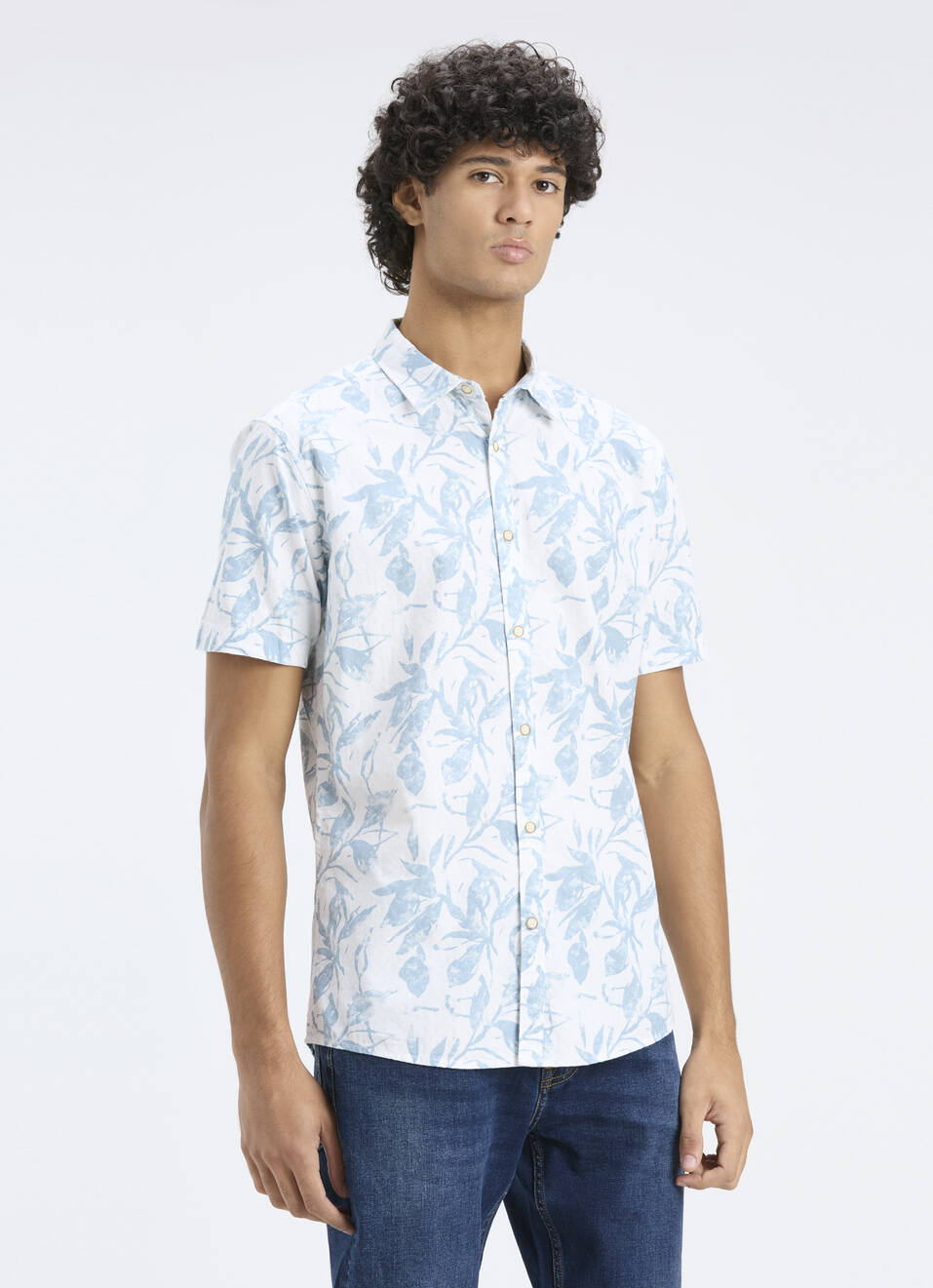 Men Blue Botanical Print Short Sleeve Shirt, , large image number 3