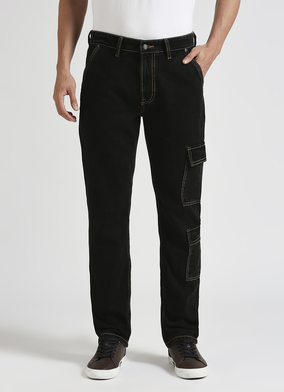 Cargo Straight Mid Rise Black Jeans, , large image number 2