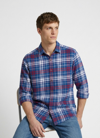Men Blue Checked Brushed Long Sleeve Shirt
