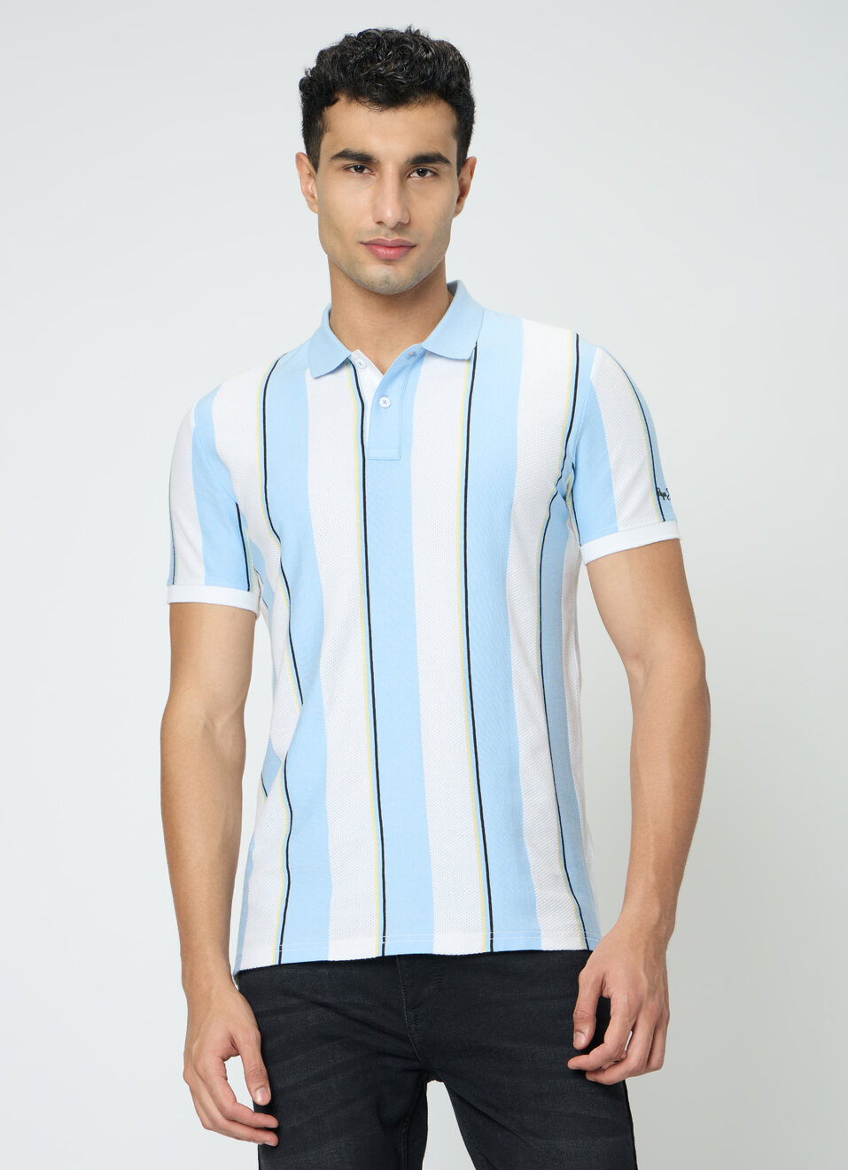 Men Blue Striped Polo Collar T-shirt, , large image number 1
